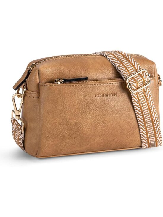 Handbags - Women's Camel Brown Leather Triple Zip Crossbody Bag Purse with Shoulder Straps